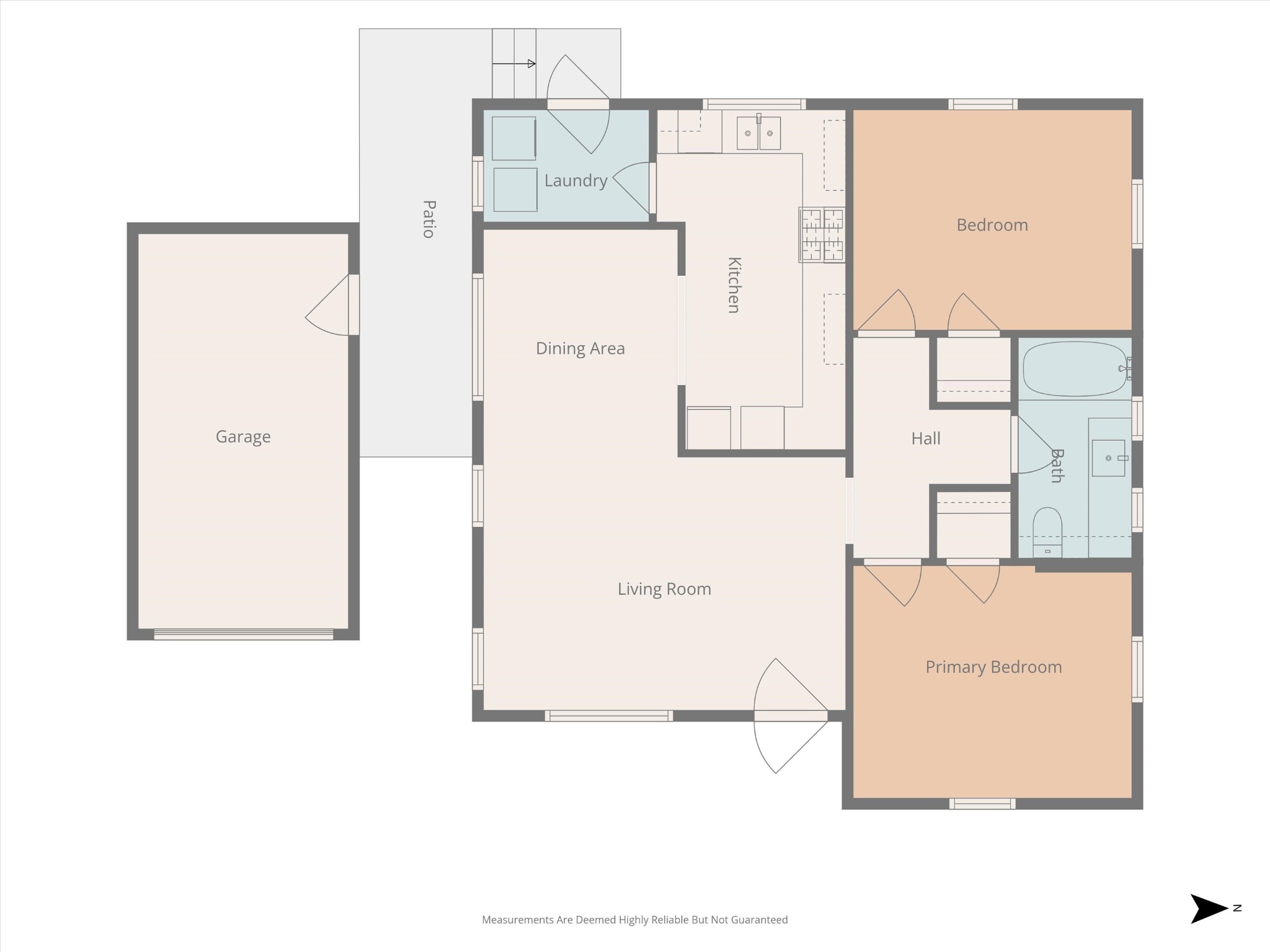 Floor plan showing the living room, dining area, kitchen, two bedrooms, bath, laundry, patio and garage